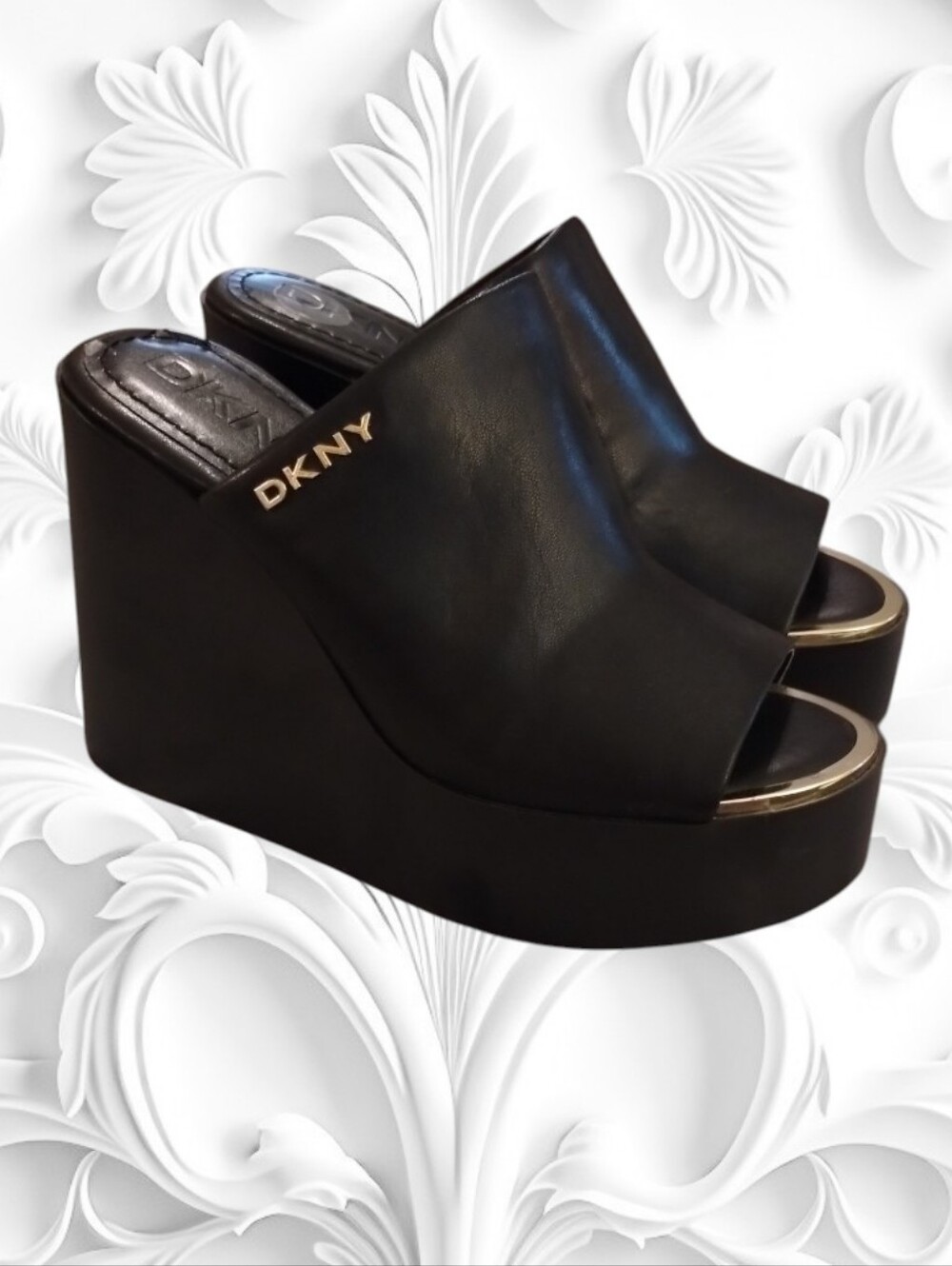 DKNY Black Platform Wedge Mules with Gold Logo Sz 7M